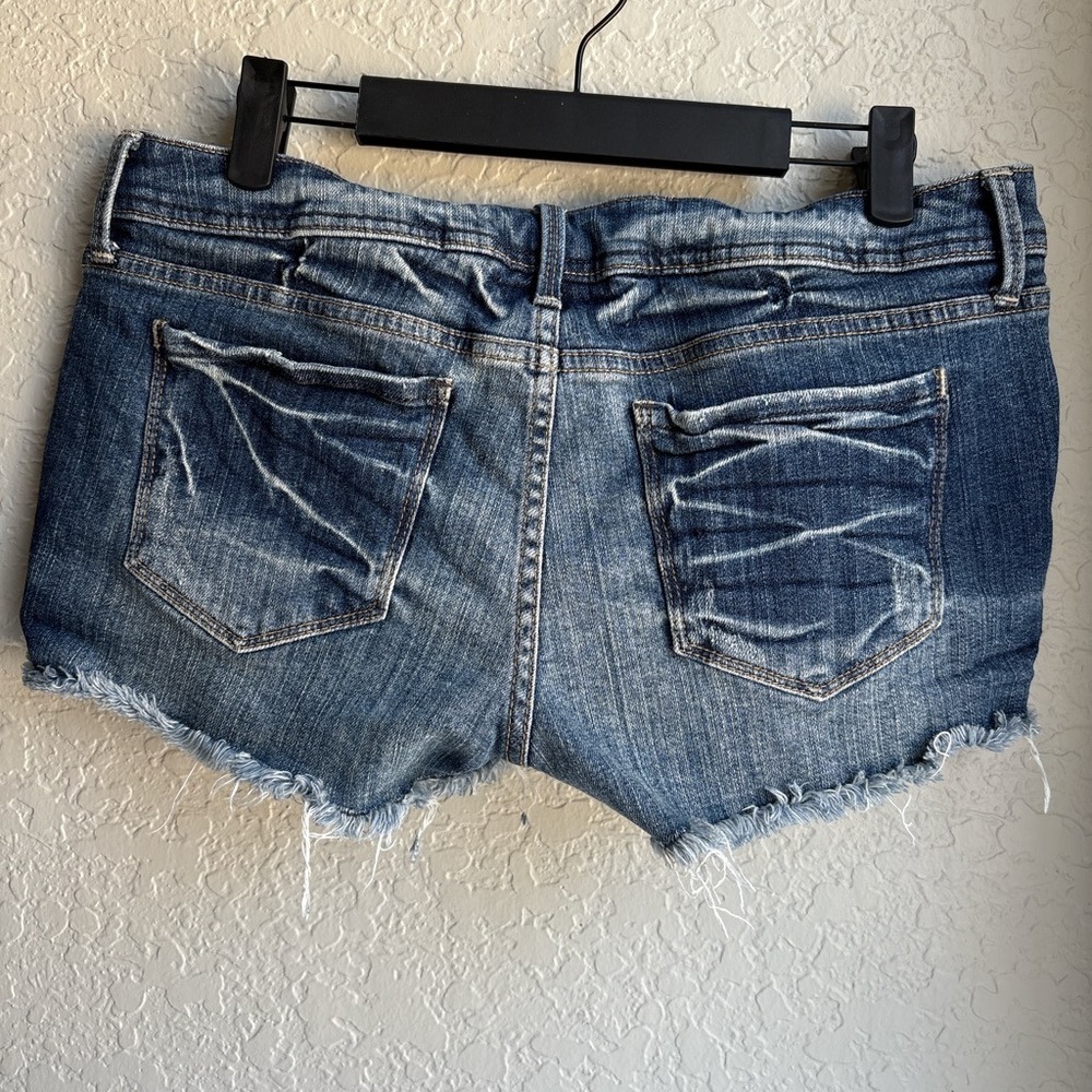 Womens L Cut Off Denim Shorts Y2K Low Rise Micro Distressed Blue Frayed Raw Hem - Picture 3 of 7